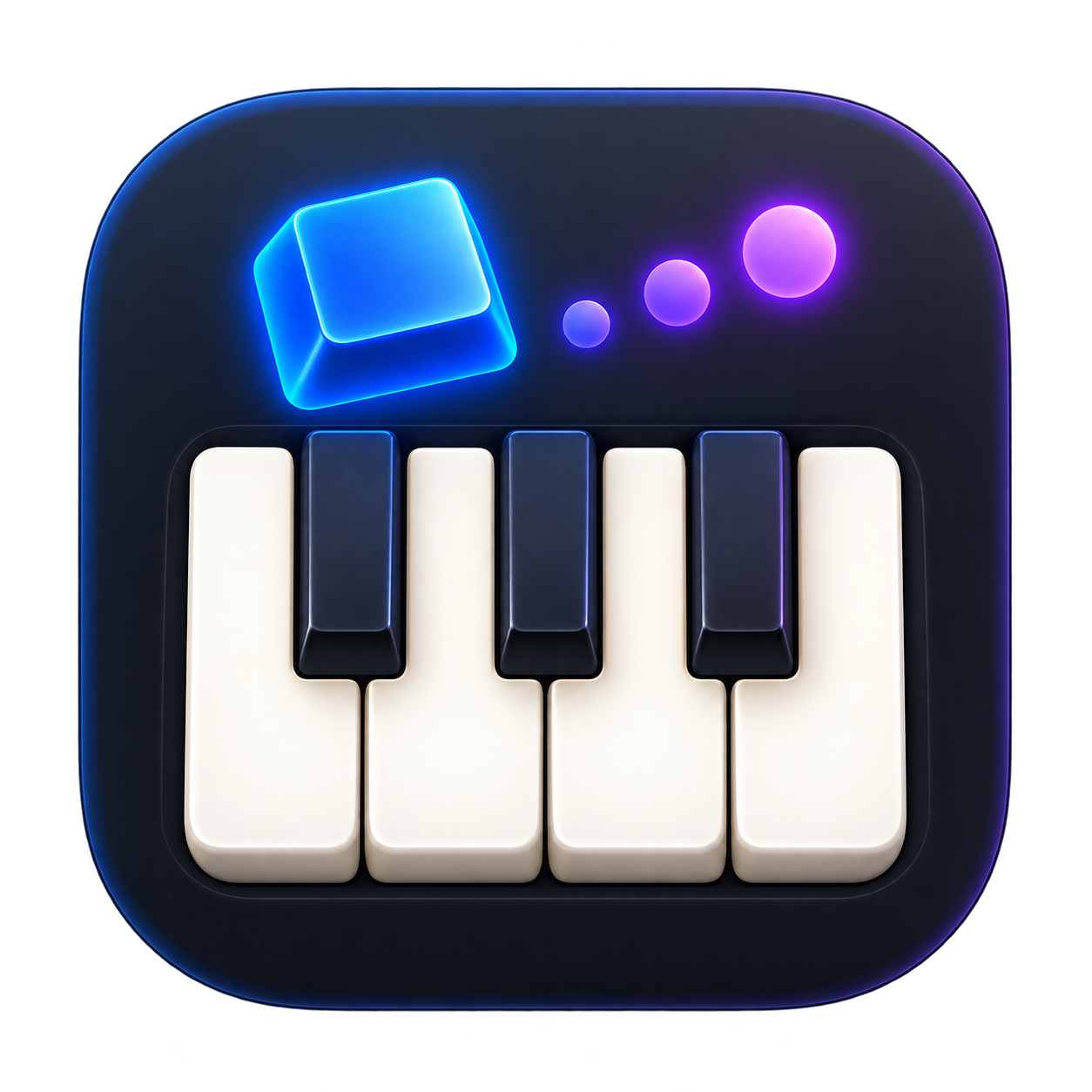 Typing-to-MIDI Controller app icon: piano keys with a glowing blue key and purple notes