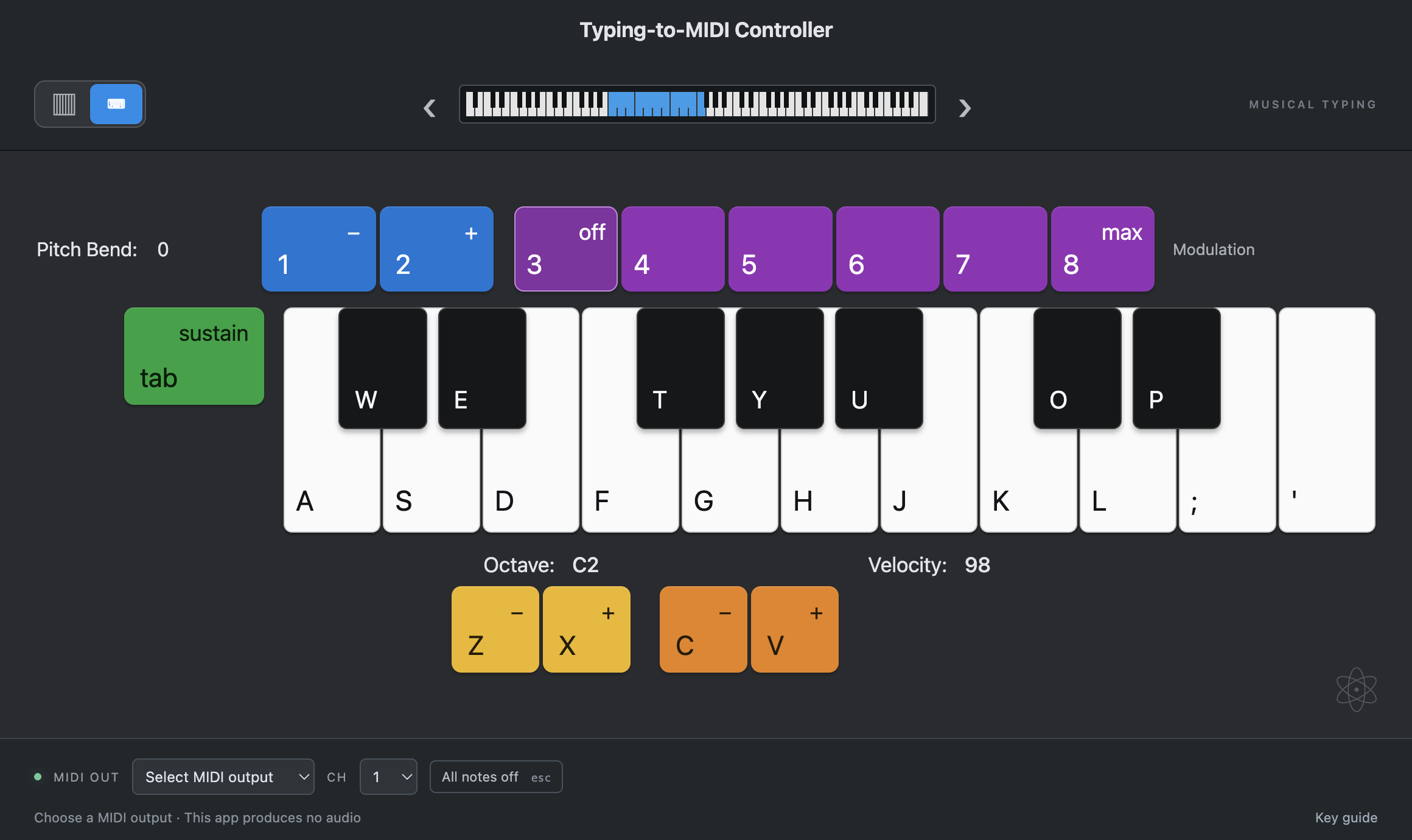 Typing-to-MIDI Controller showing piano notes mapped to typing keys, with octave, velocity, sustain, pitch bend, and MIDI output controls